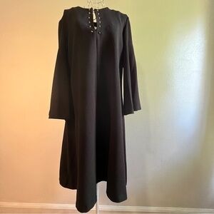 Julian Taylor black dress w/bell sleeves, embellished w/gold studs at neckline.